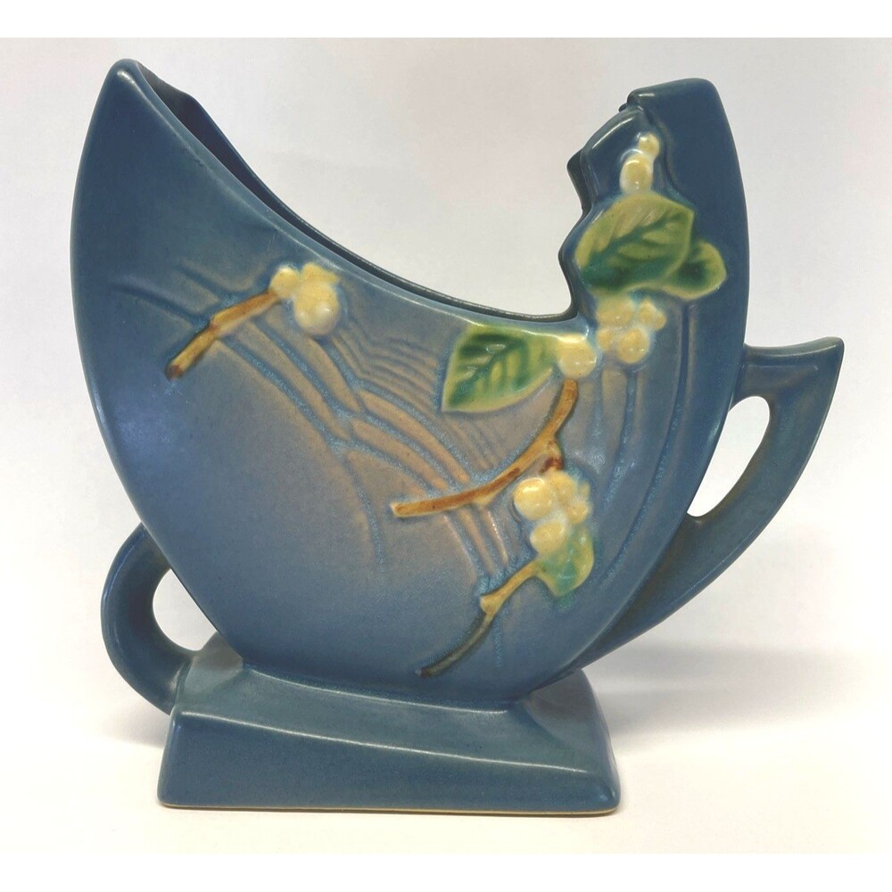 Roseville Pottery Snowberry Persian Blue 1FH-6 Fan Vase 6” 1947-USA- Excellent
